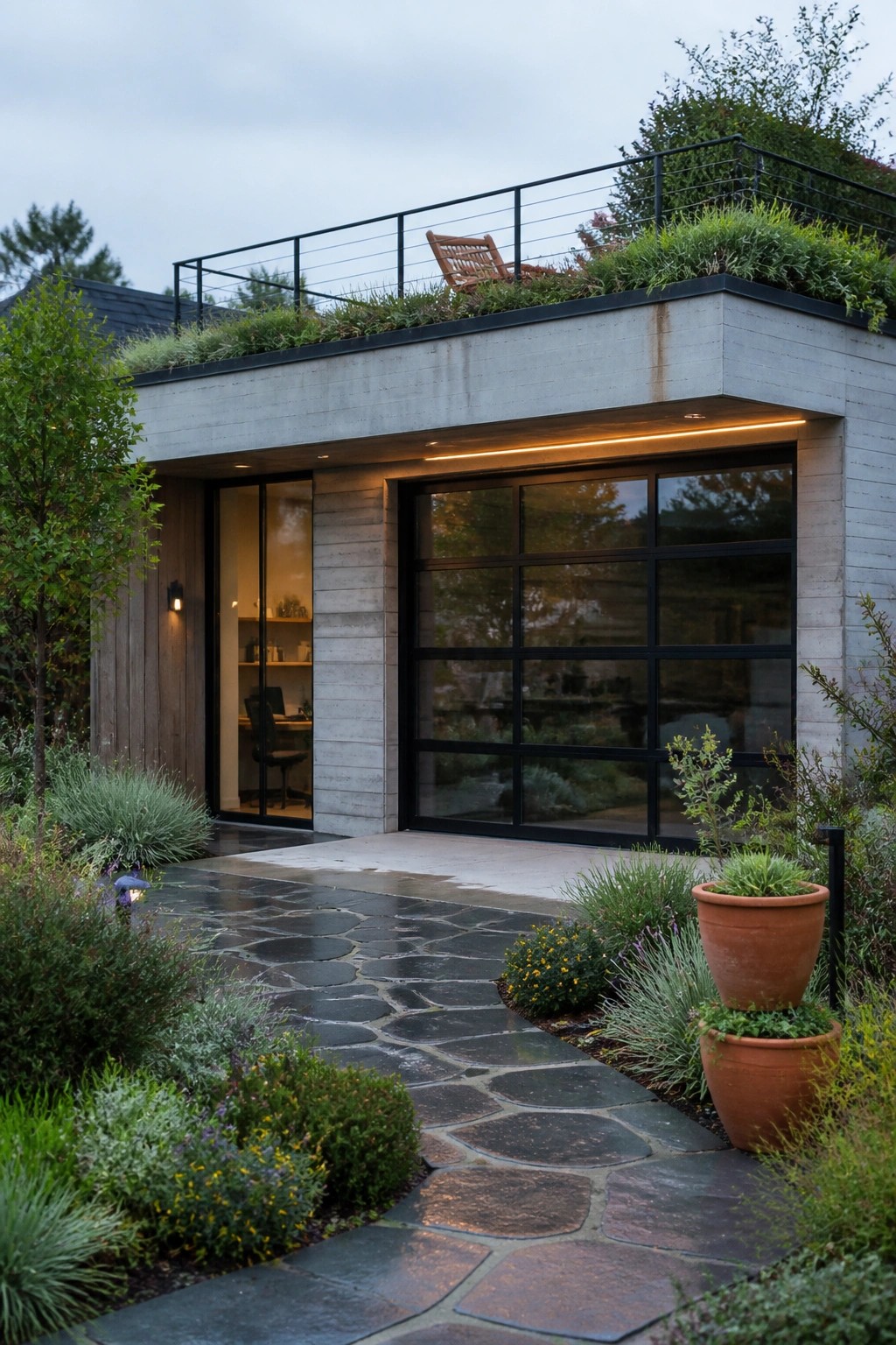 Modern concrete house exterior with integrated black-framed garage door, open side entrance to an office, green roof with metal railing, stone pathway, and terracotta pots.