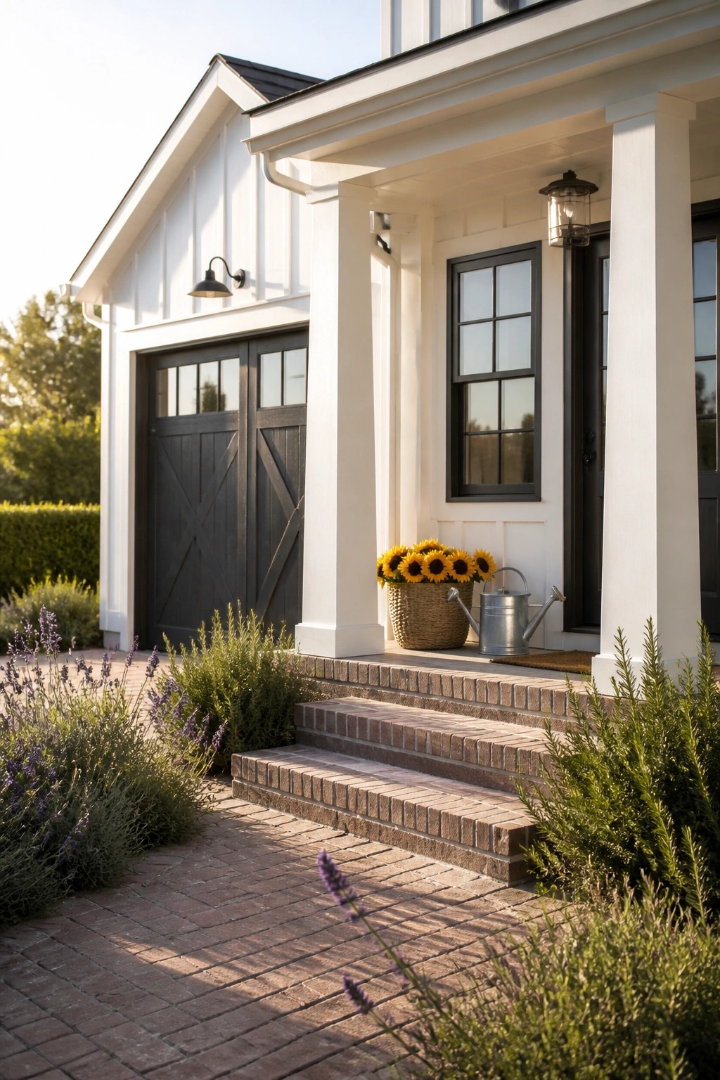 White house exterior with black garage doors and matching black front door, brick steps, and white porch columns.