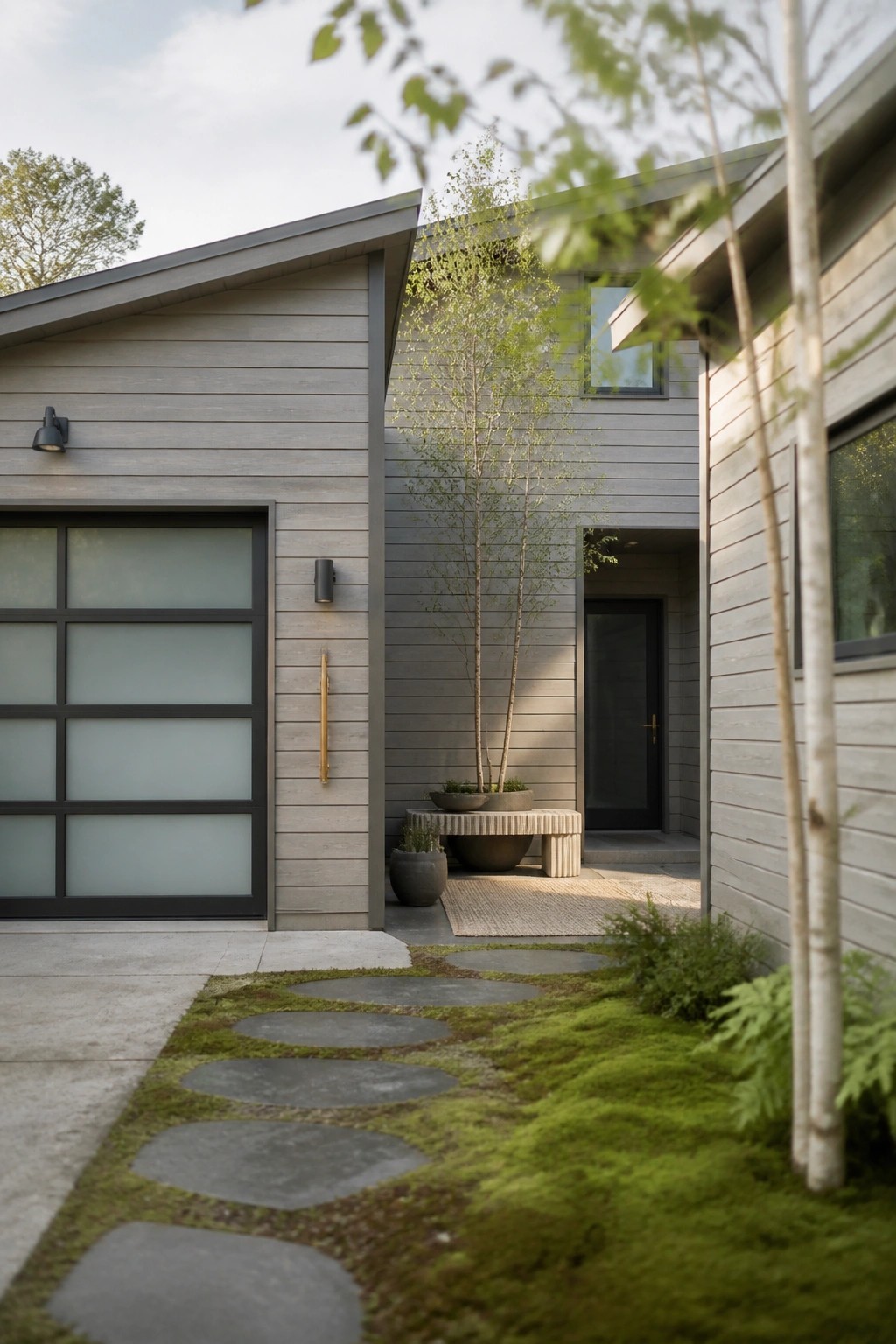A modern house exterior with gray horizontal siding, a frosted-panel garage door on the left, and a moss path of round stepping stones leading toward the front entry.