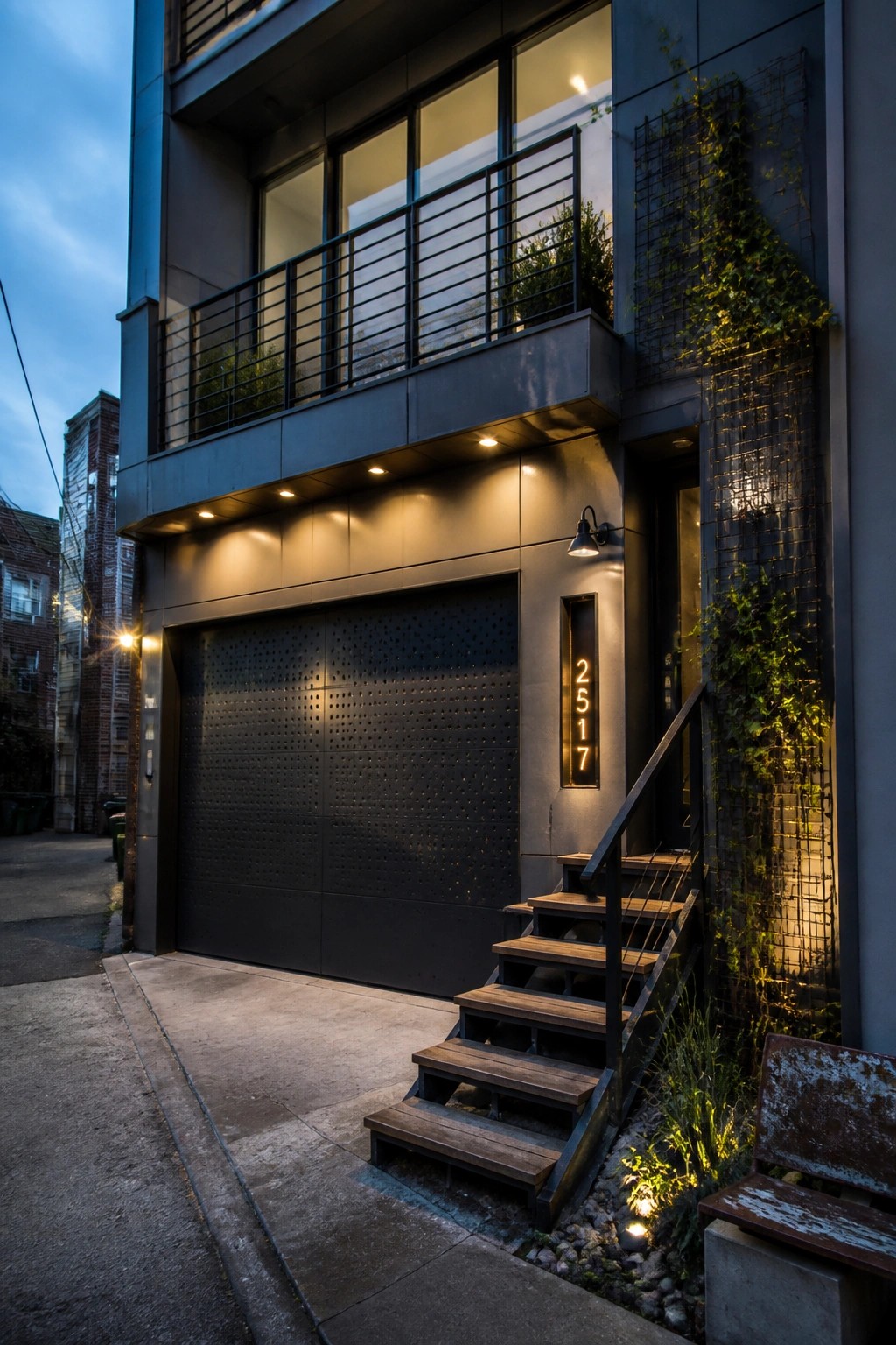 A modern multi-story building exterior at dusk shows a large dark perforated garage door on the ground level, wooden stairs leading up to a side entrance, and a balcony above.