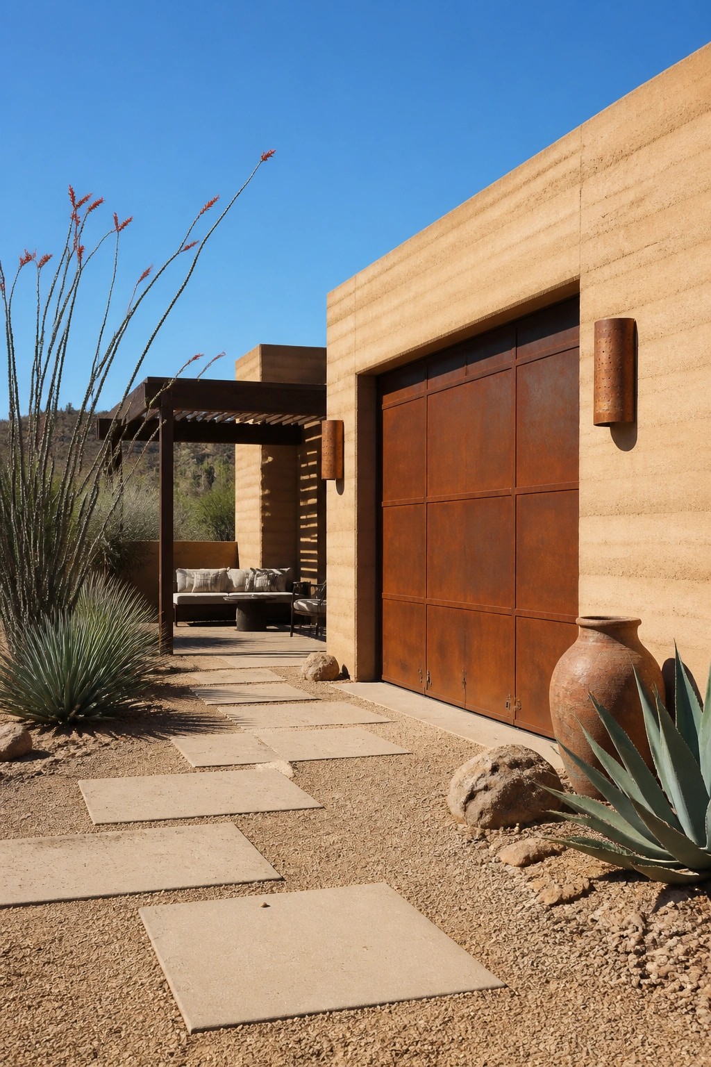 Modern desert home with rusted metal door, stone path, and desert plants.