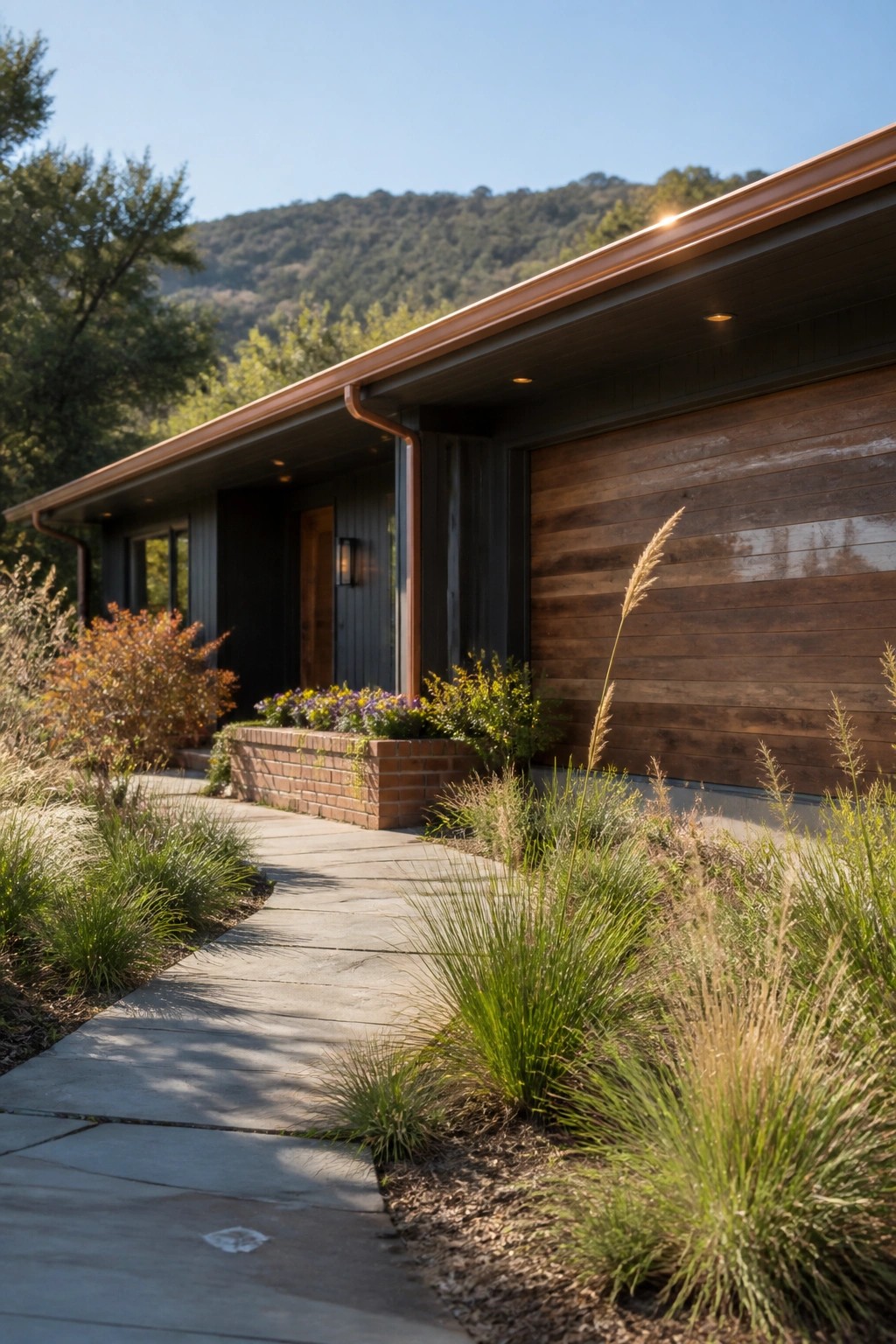 A modern single-story house exterior featuring dark horizontal wood siding, a copper roofline, and a large wood-paneled garage door integrated into the facade, with a concrete walkway and landscaping in the foreground.
