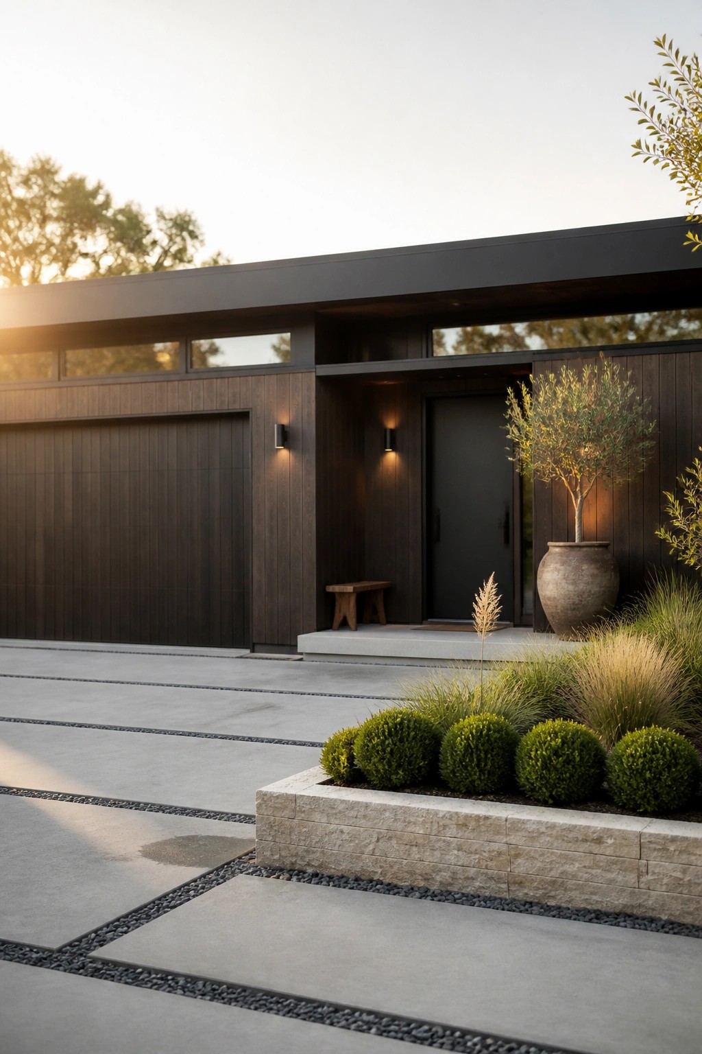 Modern house exterior with a dark wood garage door integrated into the siding on the left and a recessed black entry door with wall sconces on the right, plus a stone planter in the foreground.