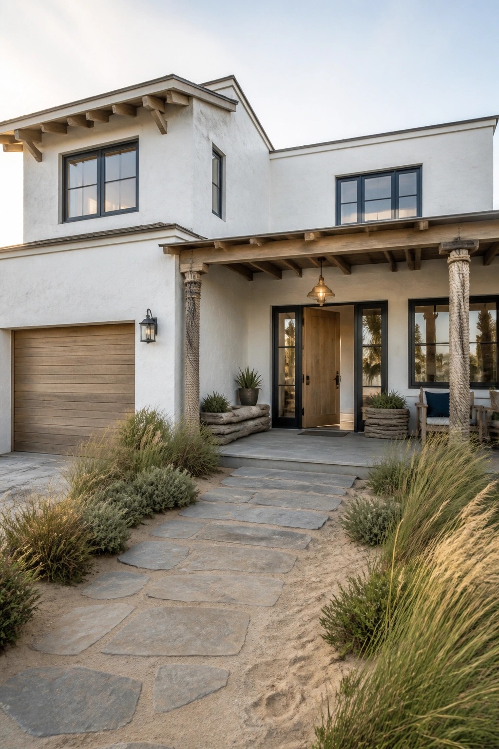 A modern white stucco house with a wooden garage door integrated on the left side and a covered entry porch with wooden support posts.
