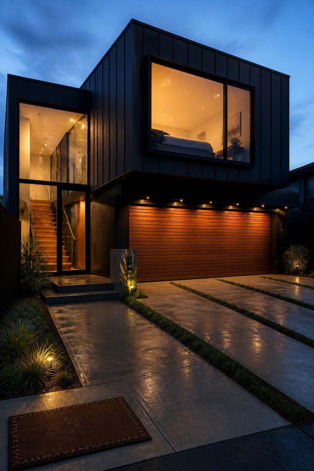 Modern black house with glowing bedroom window, wooden garage, and concrete driveway at dusk