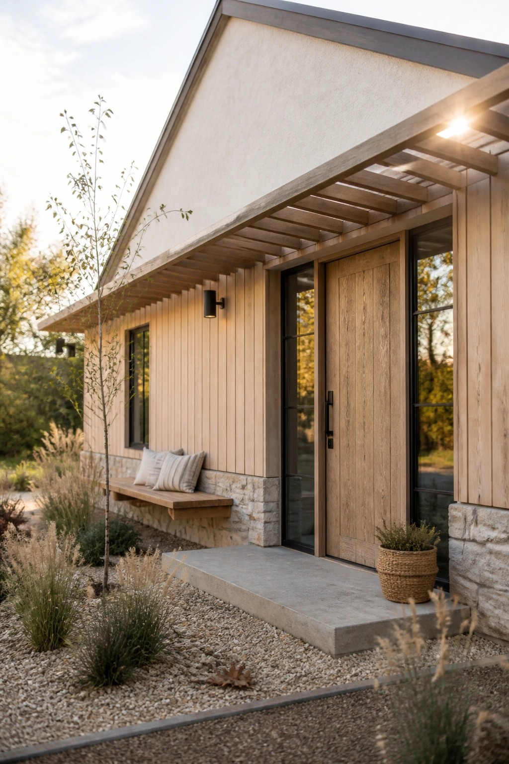 Modern house exterior featuring light wood siding, a stone foundation, a wooden front door, and a built-in bench with cushions beside a window.
