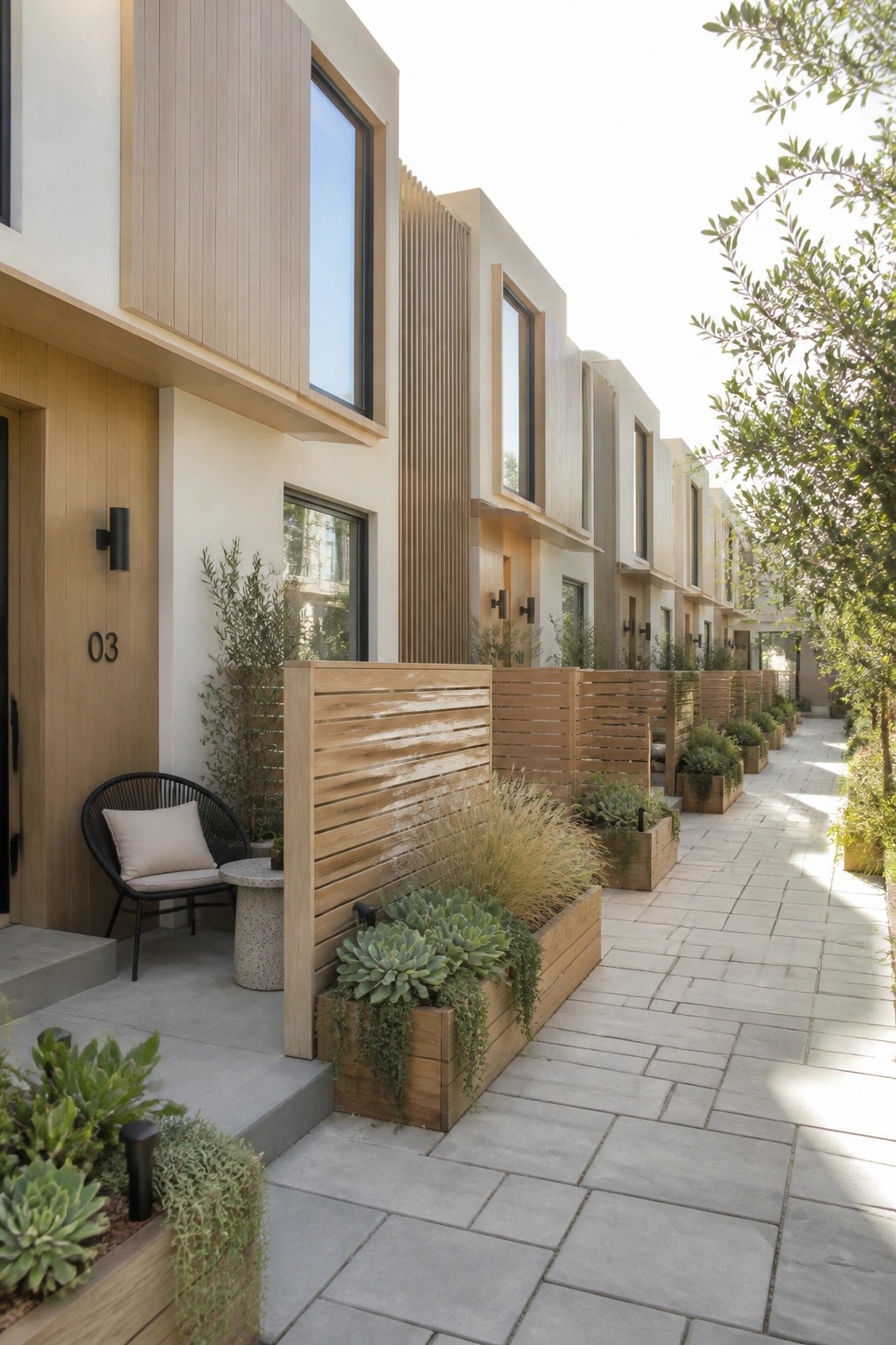 Modern townhomes with wood accents and succulent planters along a stone walkway.