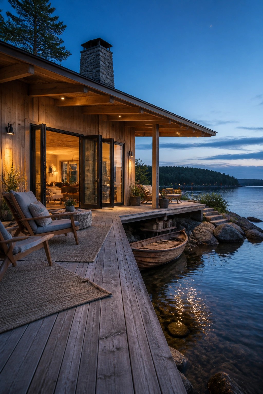 Wooden lakeside cabin at dusk with lit deck, open doors, chairs, and docked boat.