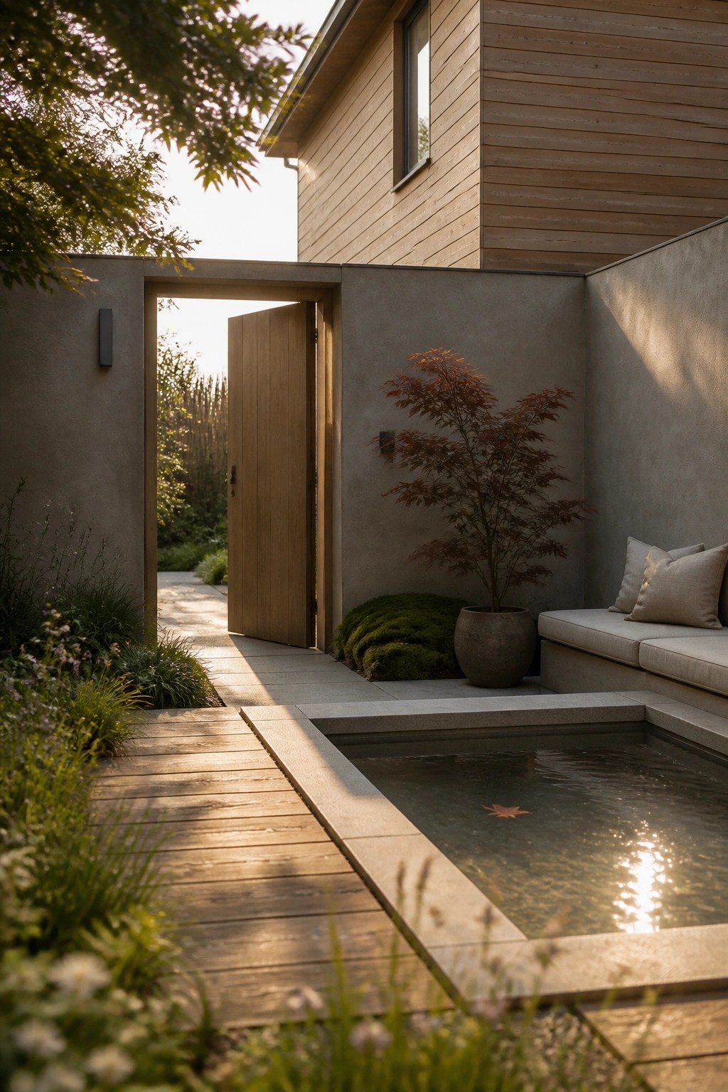 A light wood house exterior with an open wooden gate, concrete walls, a small water feature, built-in seating with neutral cushions, and a potted tree in a paved courtyard.