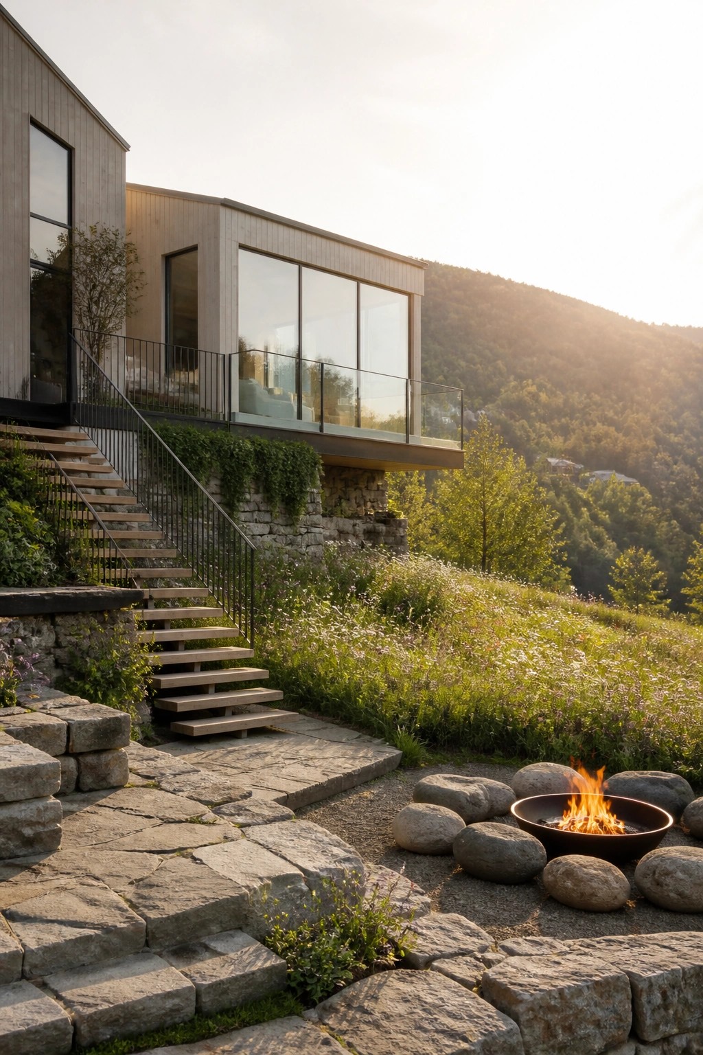 A modern house with light wood siding, large windows, and a cantilevered deck above a stone foundation, with a fire pit area in the foreground.