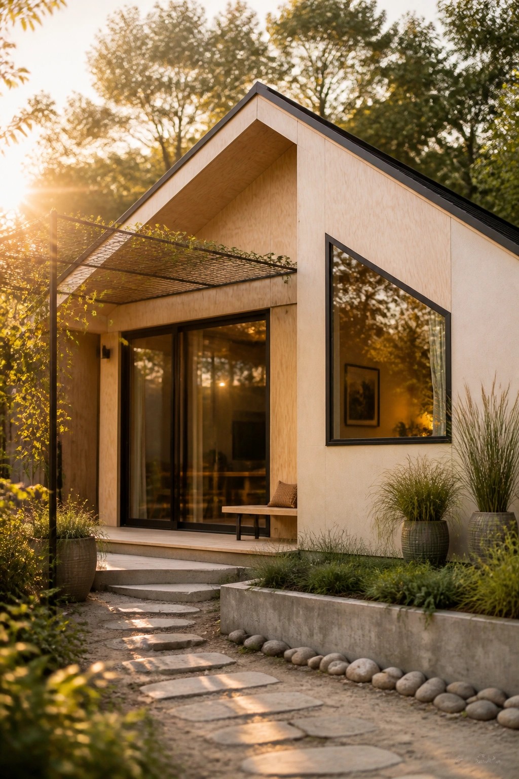 A house with light wood exterior siding, black window frames, a sloped roof, and a stone pathway leading to the entrance.