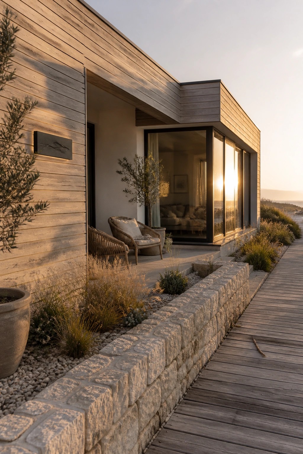 A modern house exterior clad in light horizontal wood siding with large black-framed windows, a stone retaining wall, and a wooden boardwalk running alongside.