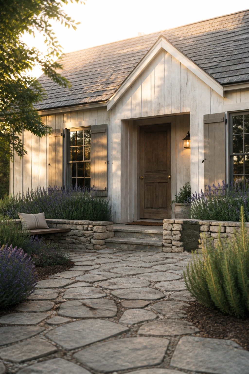 Stone path to wooden door of white cottage lined with lavender bushes