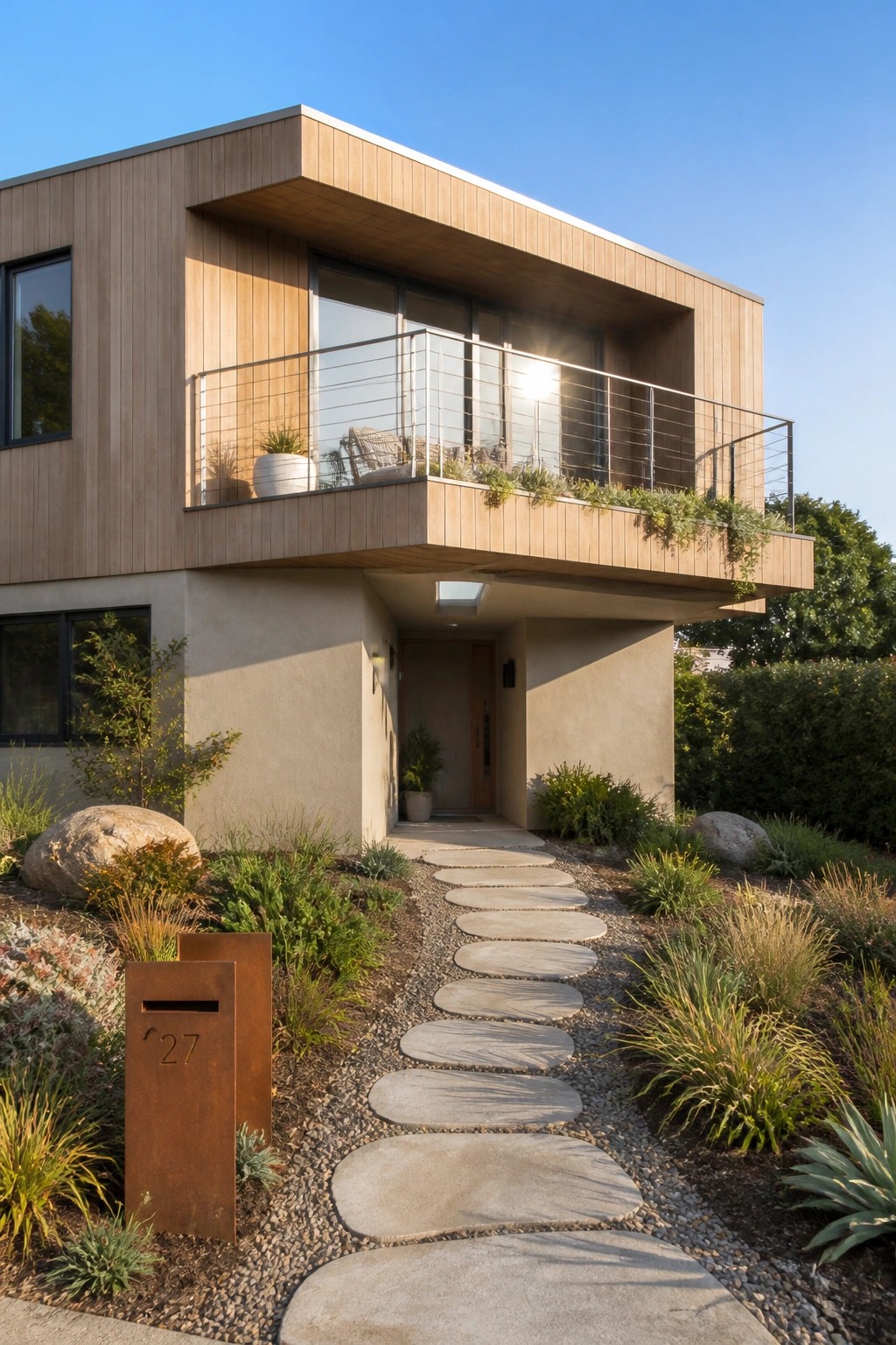 A modern two-story house exterior featuring horizontal light wood siding on the upper level and soft neutral walls below, with a cantilevered balcony and a stone pathway to the front door.