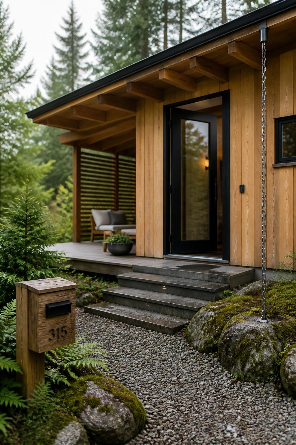 A light wood Scandinavian house exterior with a black-framed door, stone steps, gravel path, and moss-covered rocks in the foreground.