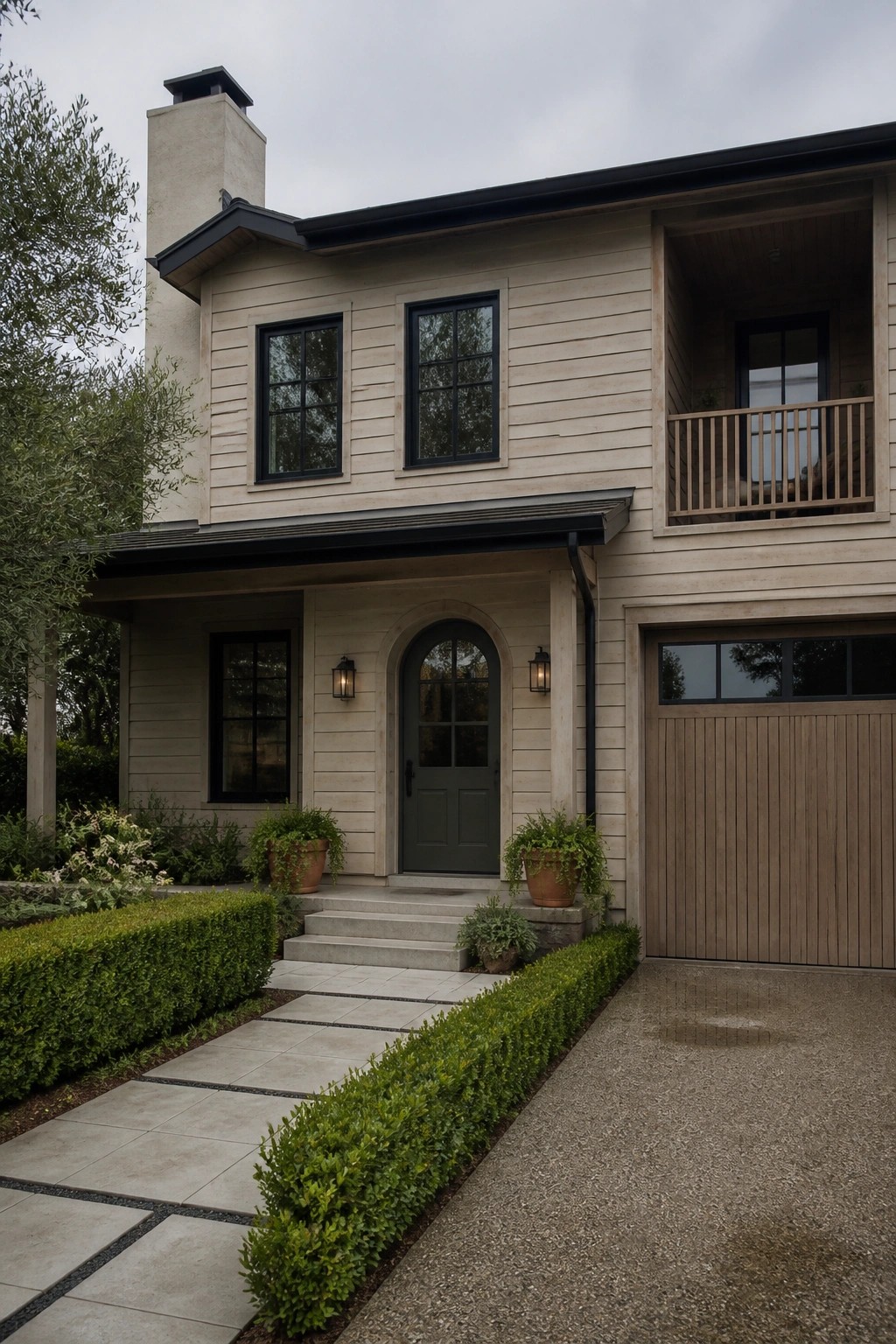 Front view of a two-story house with light wood siding, black-framed windows, an arched dark door, and a wood garage door, with concrete steps and potted plants along the walkway.