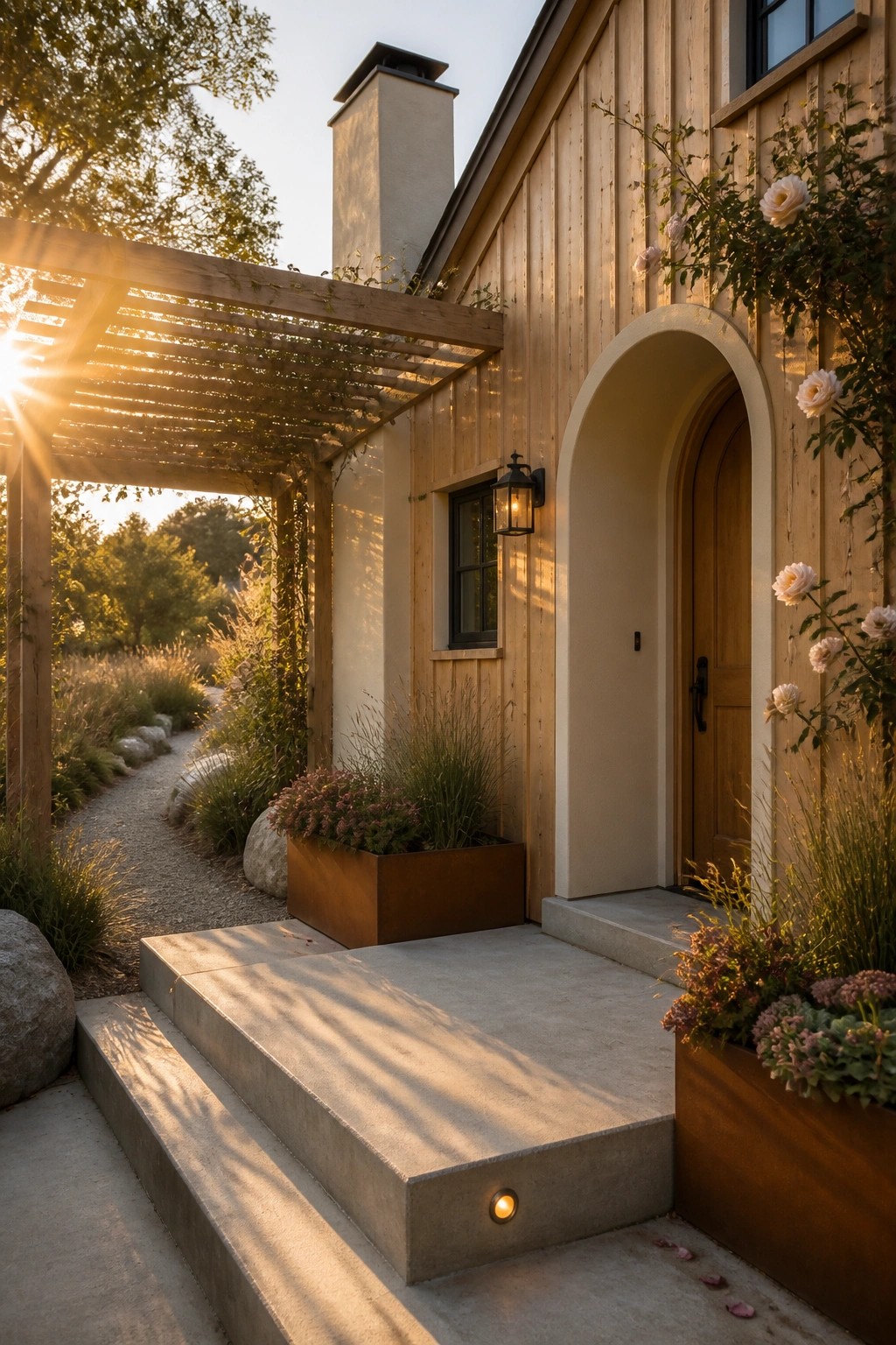 A house exterior with vertical light wood siding, soft neutral walls, an arched wooden door, concrete steps, a metal planter, and a wooden pergola on the left.
