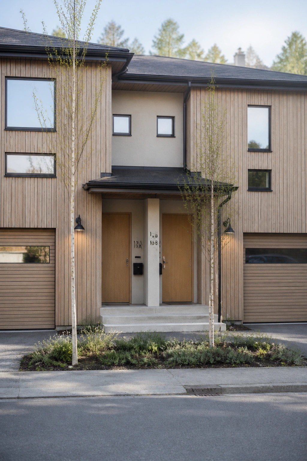 A modern two-story house exterior with light wood siding on portions of the facade, soft beige walls, two wooden entry doors, and young trees in the front garden bed.