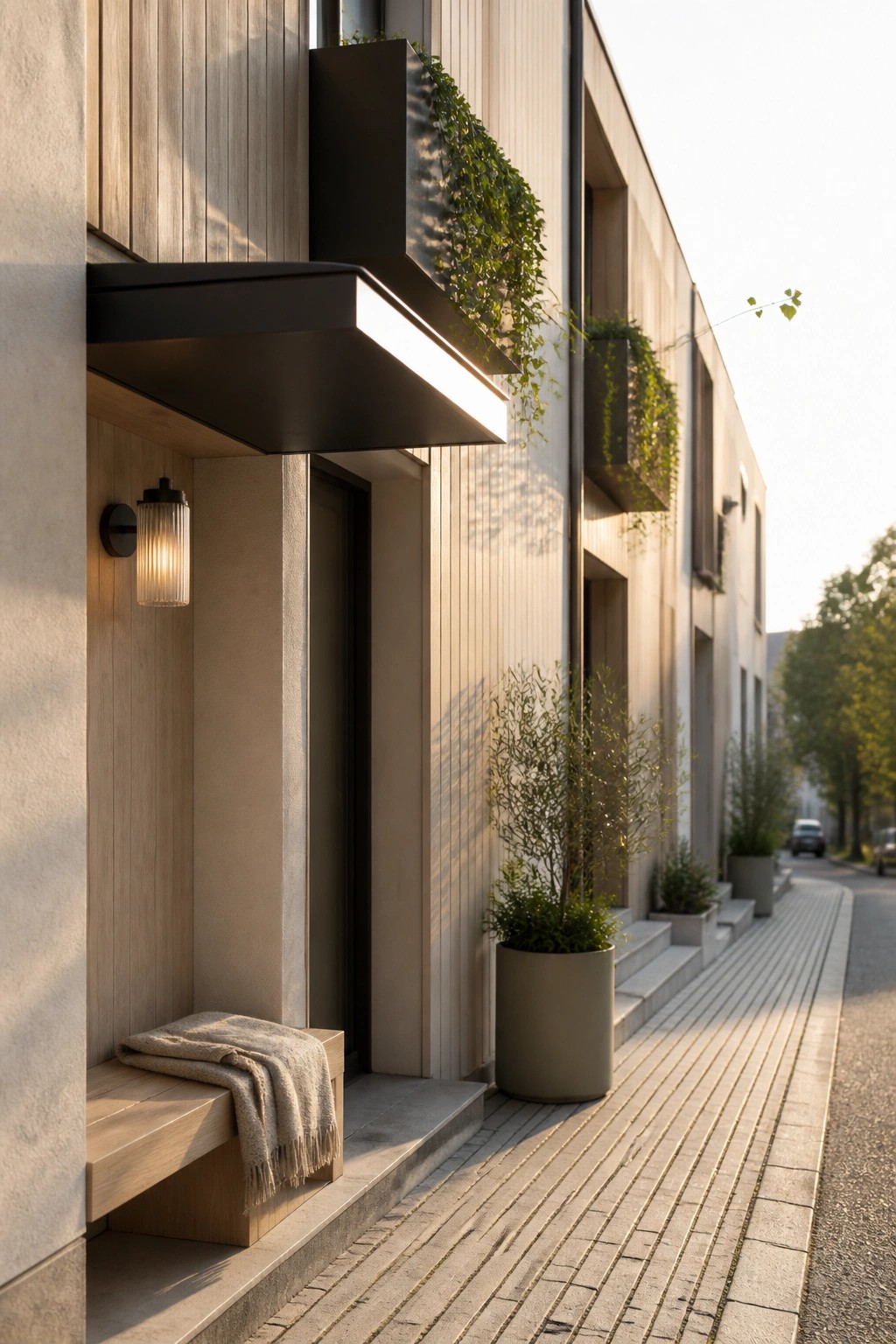 Modern house exterior showing vertical light wood siding next to soft neutral walls, with a covered entry, wall sconce, built-in bench, and large planters along the sidewalk.
