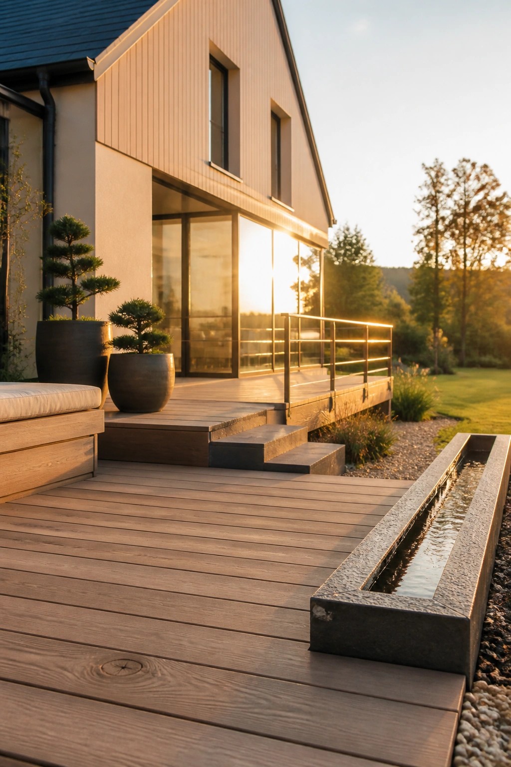 A wooden deck with steps leads to a modern house with light siding and large glass doors, with a long stone water channel running along one side of the deck.