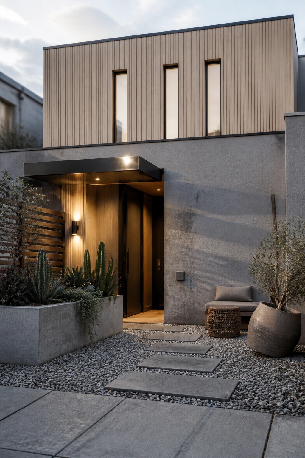 A modern two-story house exterior features vertical light wood cladding on the upper facade above gray concrete walls, with a dark entry canopy, tall narrow windows, and a gravel path with stepping stones.