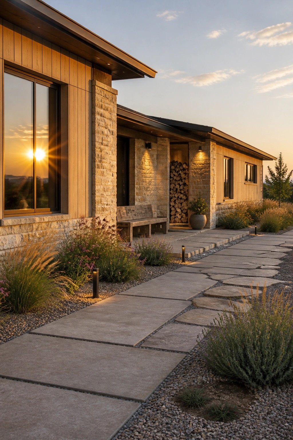 Modern house exterior with light wood siding, stone pillars, large windows, and a stone pathway at sunset.