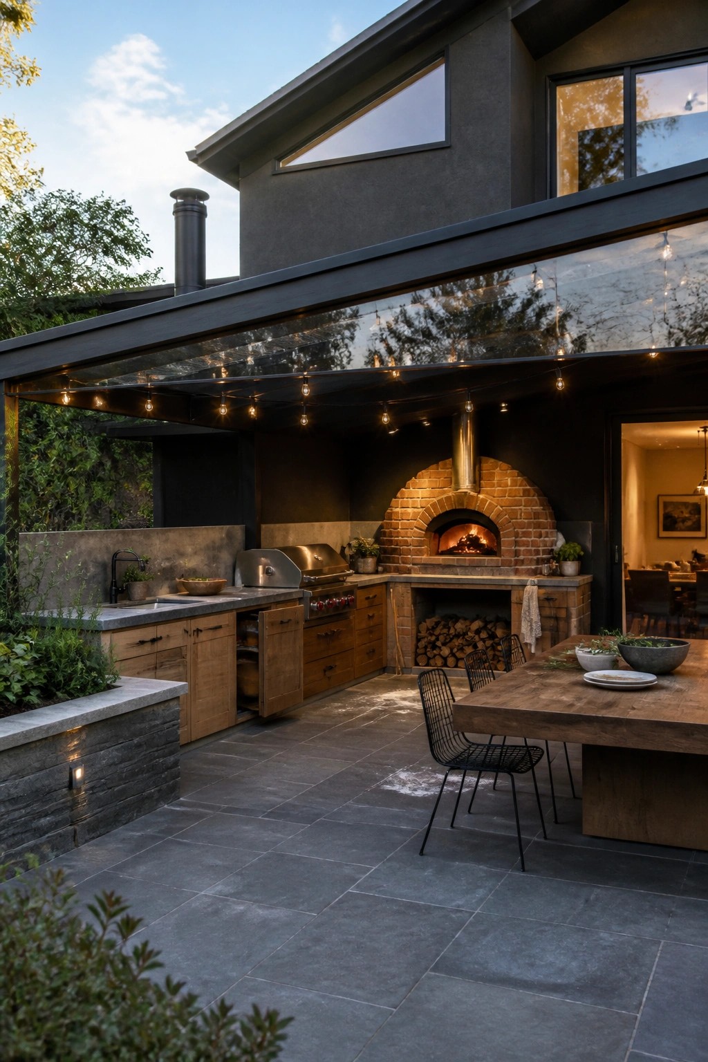 A modern outdoor kitchen with a brick pizza oven, stainless steel grill, and wooden dining table under a covered patio with string lights next to a house.
