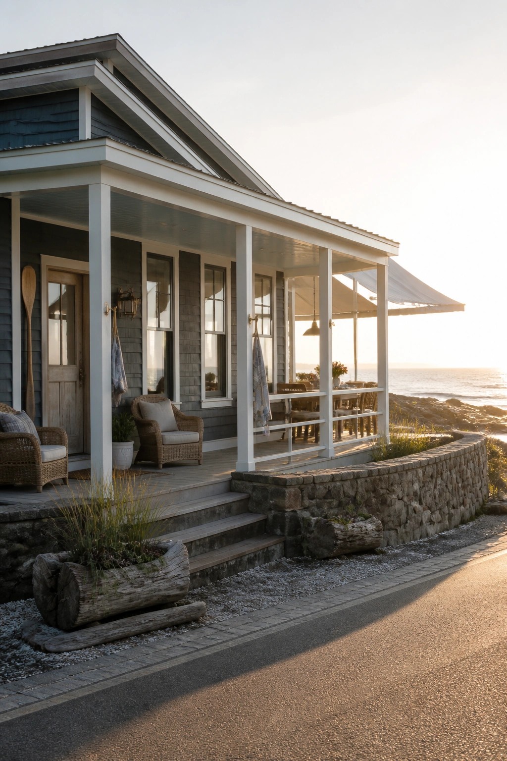 A gray shingled house with white trim, a gabled sloped roof, and a wide covered porch overlooking the ocean at sunset.
