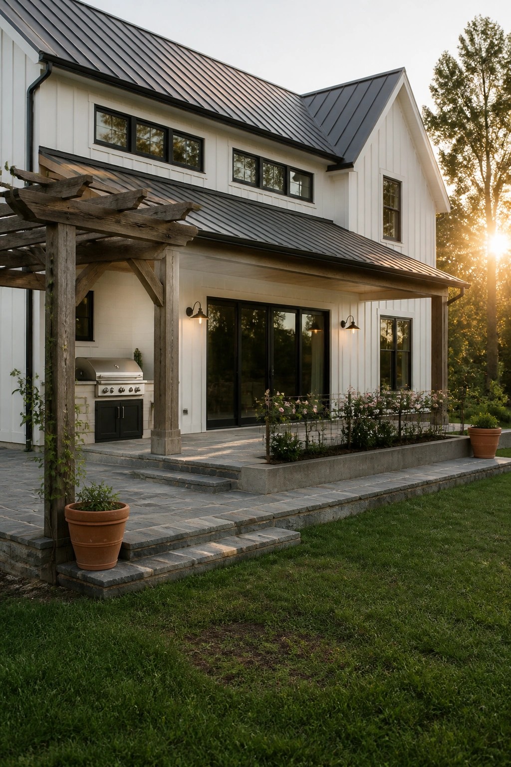 A modern white house with black-framed windows, a dark sloped metal roof, a covered porch, and a stone patio with a wooden pergola.