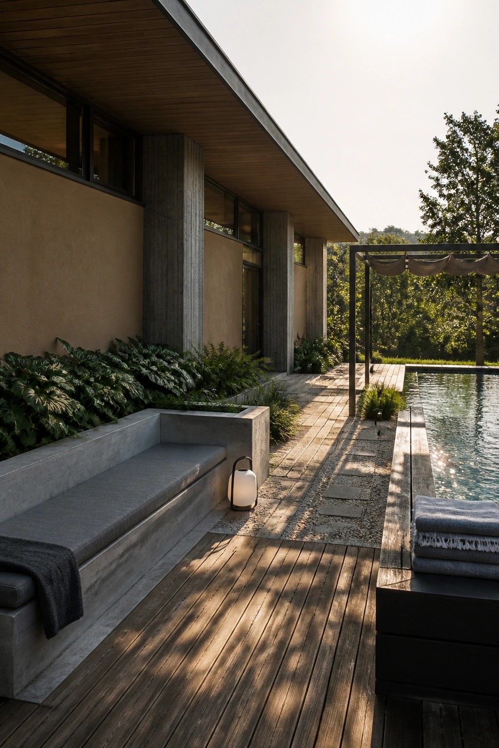 Modern house exterior with a large sloped roof extending over a wooden deck next to a pool, including a concrete bench and folded towels on a nearby seat.