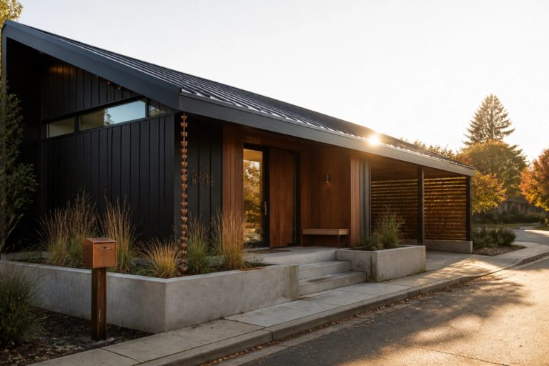 A modern house with dark vertical siding, a sloped metal roof, a recessed wooden entry door, and a concrete planter bed along the front.