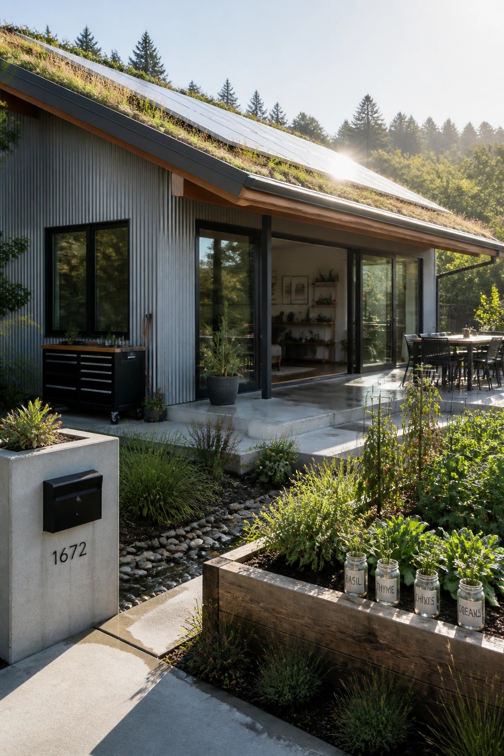 Modern house exterior with sloped green roof, corrugated metal siding, large glass doors, and raised garden beds in the foreground.