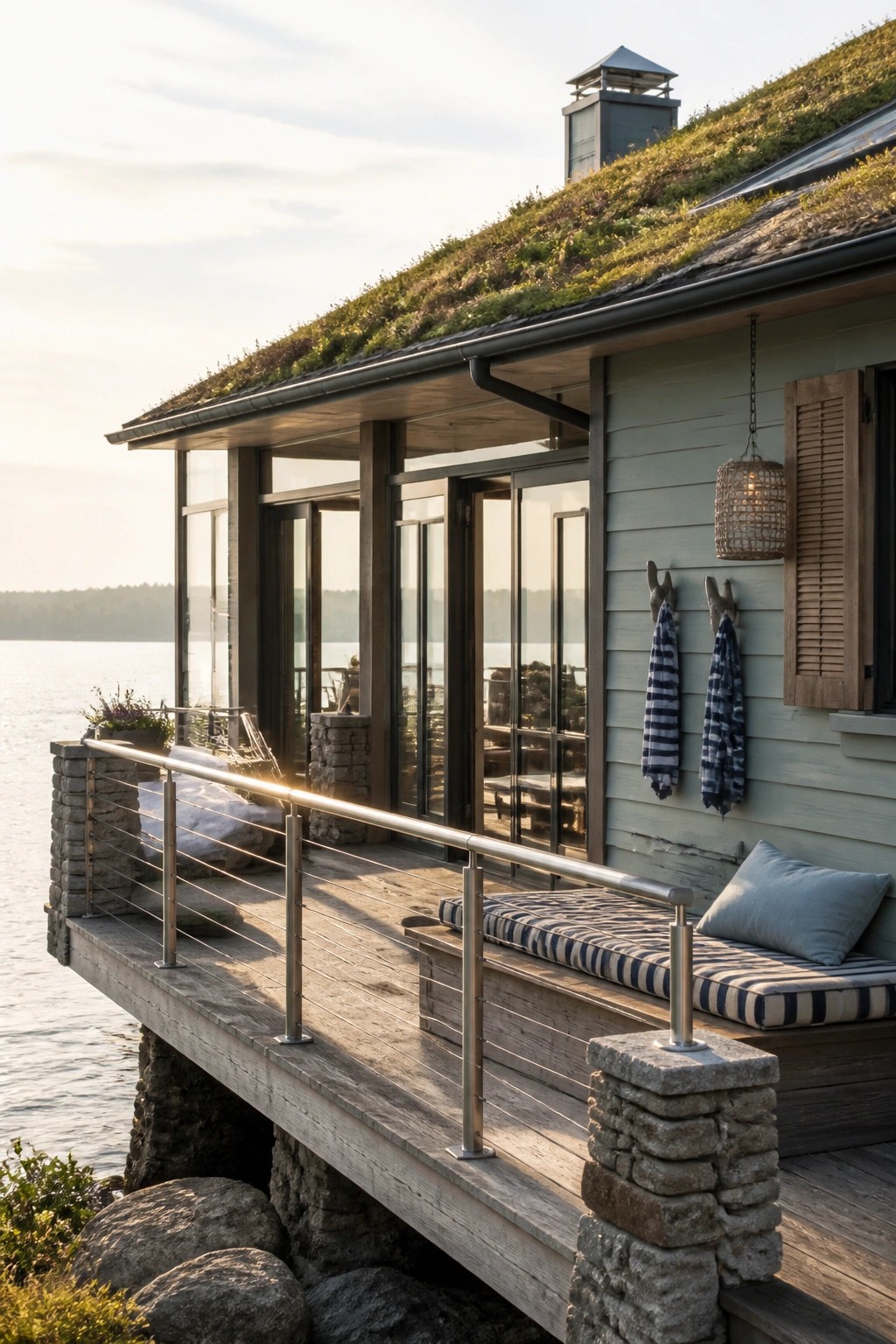 Modern house exterior with light siding, large glass doors, and a sloped green roof above a wooden deck with metal railing overlooking water.