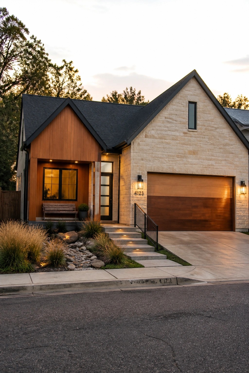 A modern house exterior with a dark sloped roof, vertical wood siding on the left gable, light stone on the right side, a wooden garage door, and concrete steps leading to the front entry.