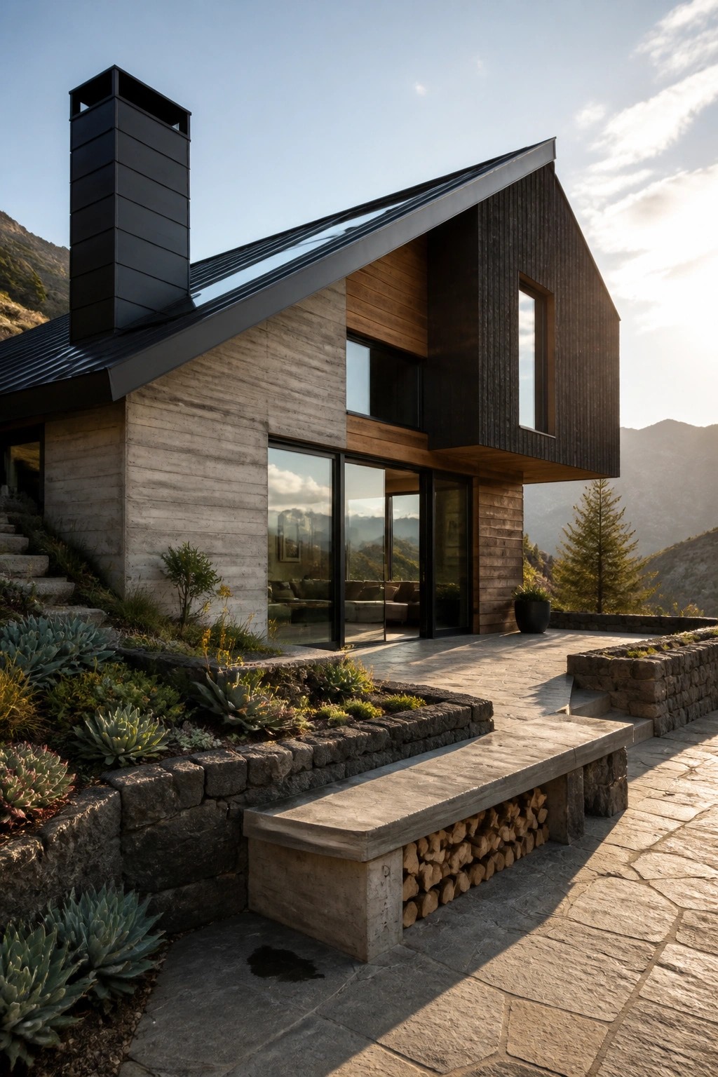 Modern hillside house with concrete walls, wood siding, black chimney, and mountain views.