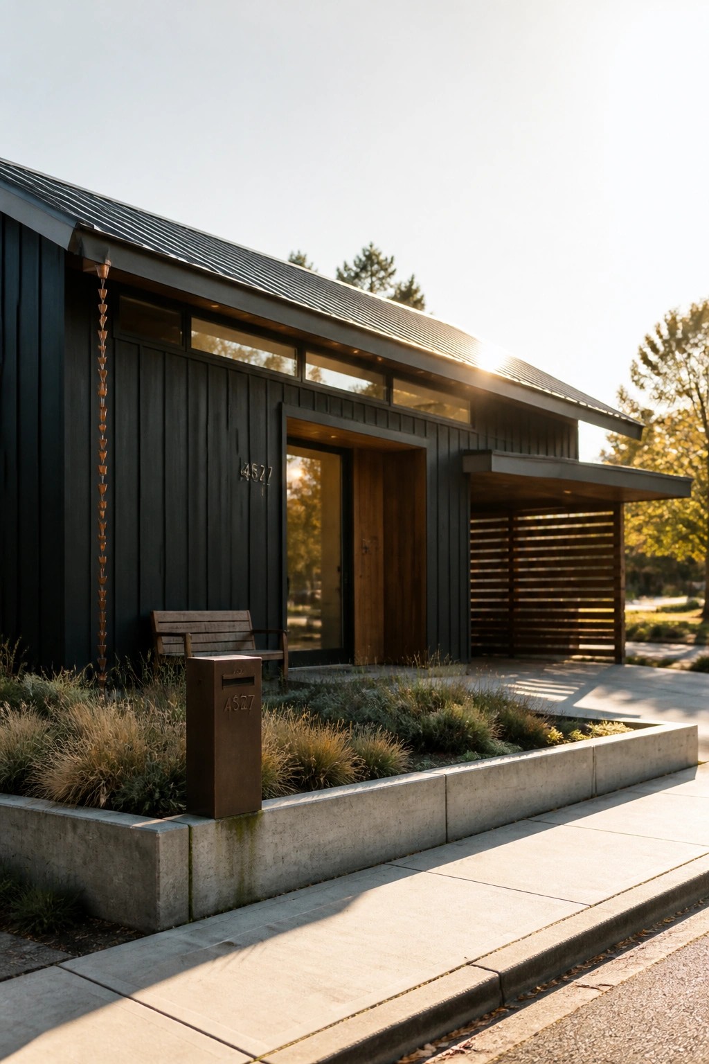 A modern house with dark vertical siding, a sloped metal roof, a recessed wooden entry door, and a concrete planter bed along the front.