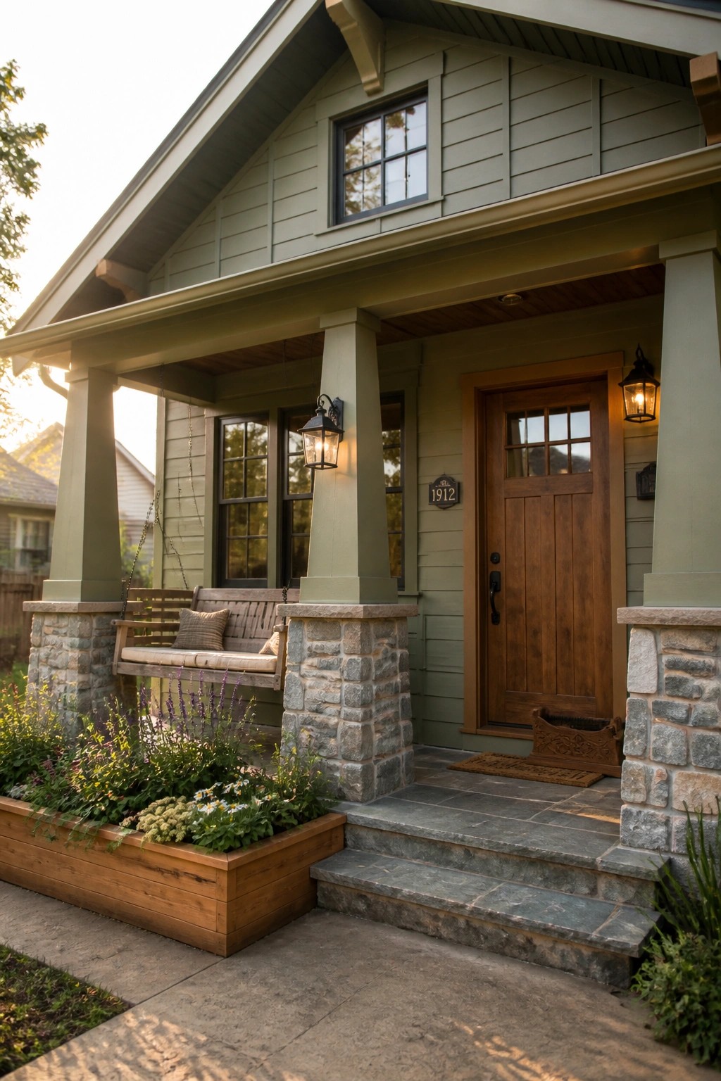 Front view of a house with green siding, a gabled sloped roof, a wooden front door, and a porch supported by stone columns with a hanging wooden bench.