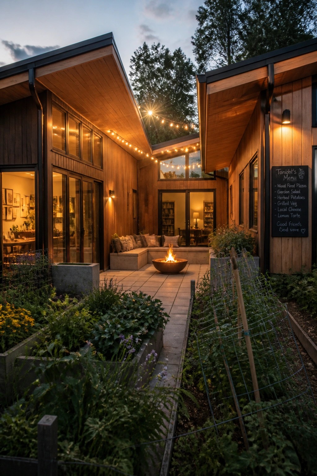 Modern house with dark sloped roofs around a paved courtyard featuring a central fire pit, built-in bench seating, string lights, and raised garden beds.