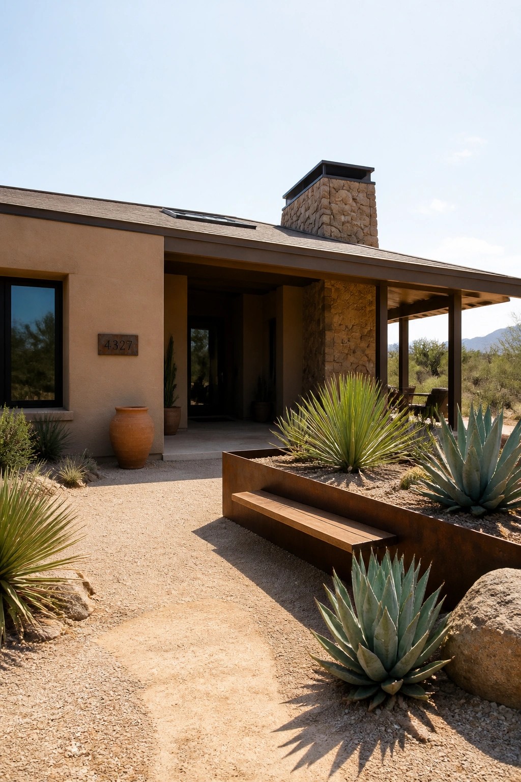 Modern stucco house exterior with a sloped roof, stone chimney, covered entry, and desert plants in raised beds.