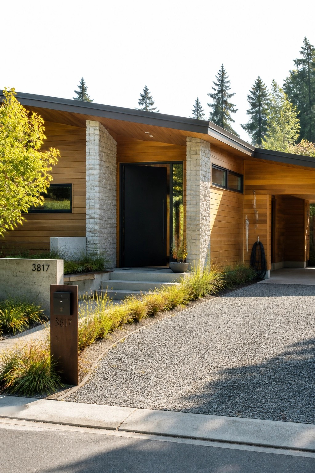 A modern single-story house with wood siding, stone entry pillars, a black front door, and a sloped roof with overhangs above concrete steps, next to a gravel driveway.