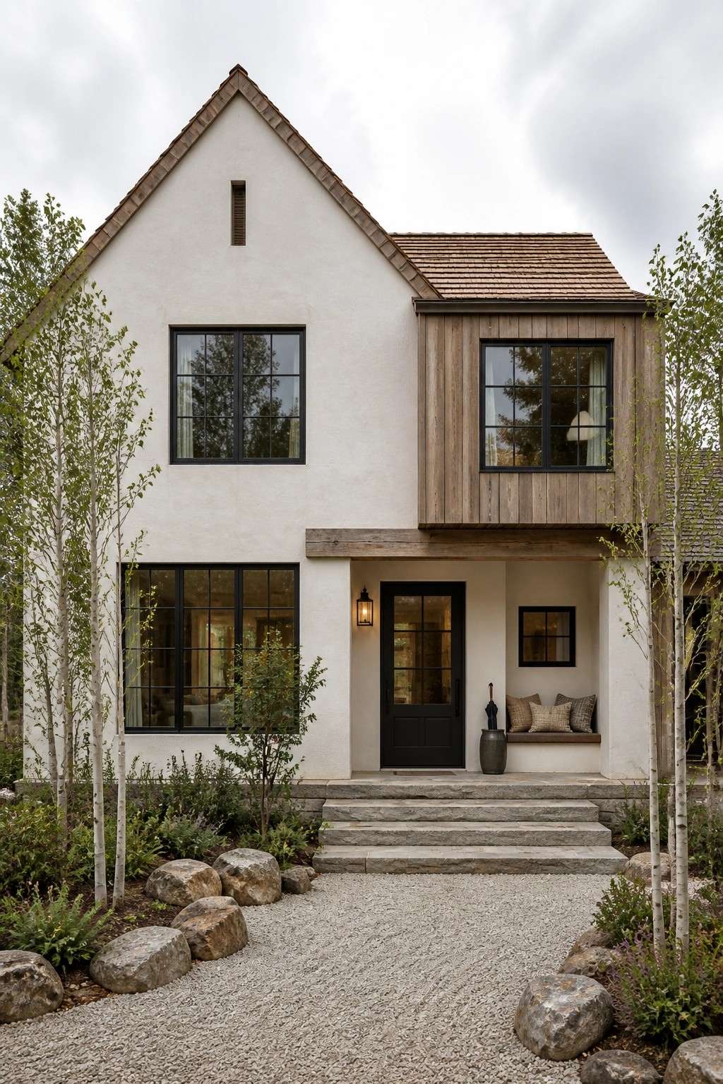 A two-story modern house with a steep gabled roof, white stucco walls, wood siding on the upper right section, black-framed windows, a black front door, stone steps, and a gravel driveway lined with rocks and trees.