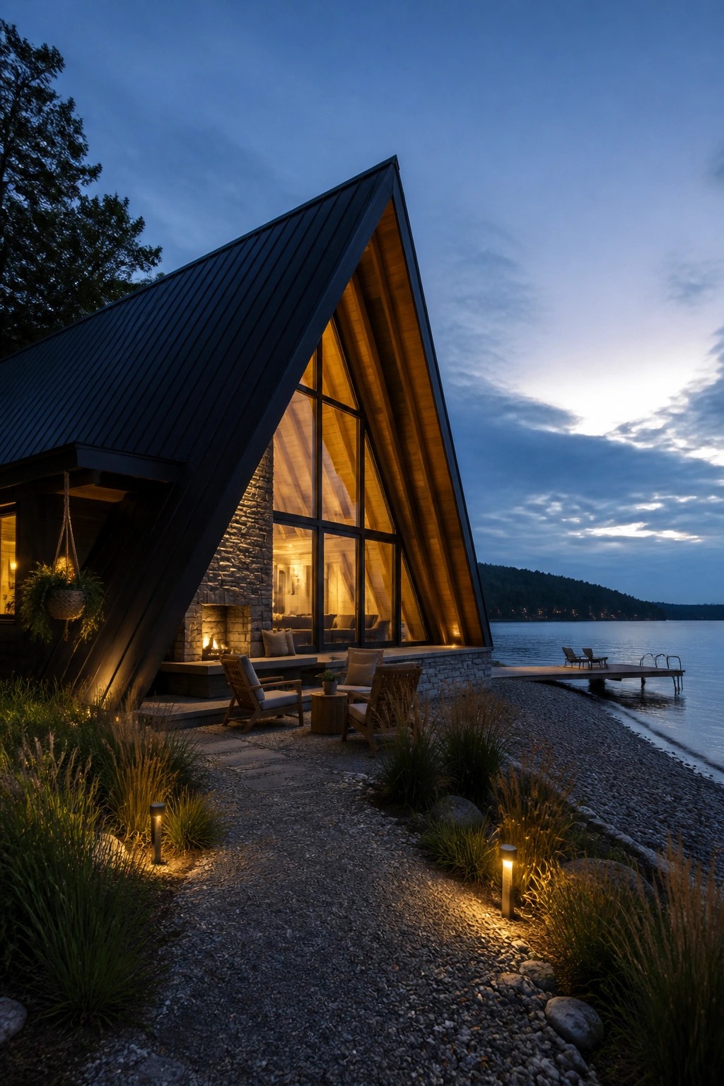 A modern A-frame house with a steep black metal roof and large glass windows sits beside a lake at dusk with outdoor seating on a stone patio.
