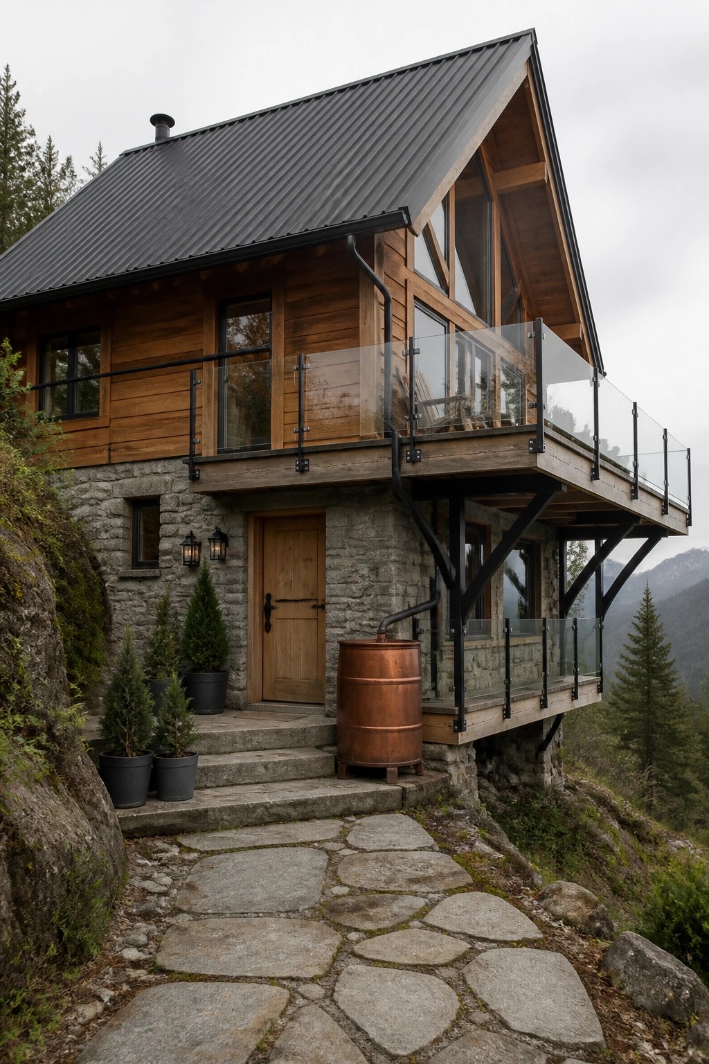 A modern hillside house with a steep dark metal sloped roof, wood upper walls, stone lower walls, and a cantilevered balcony with glass railings.