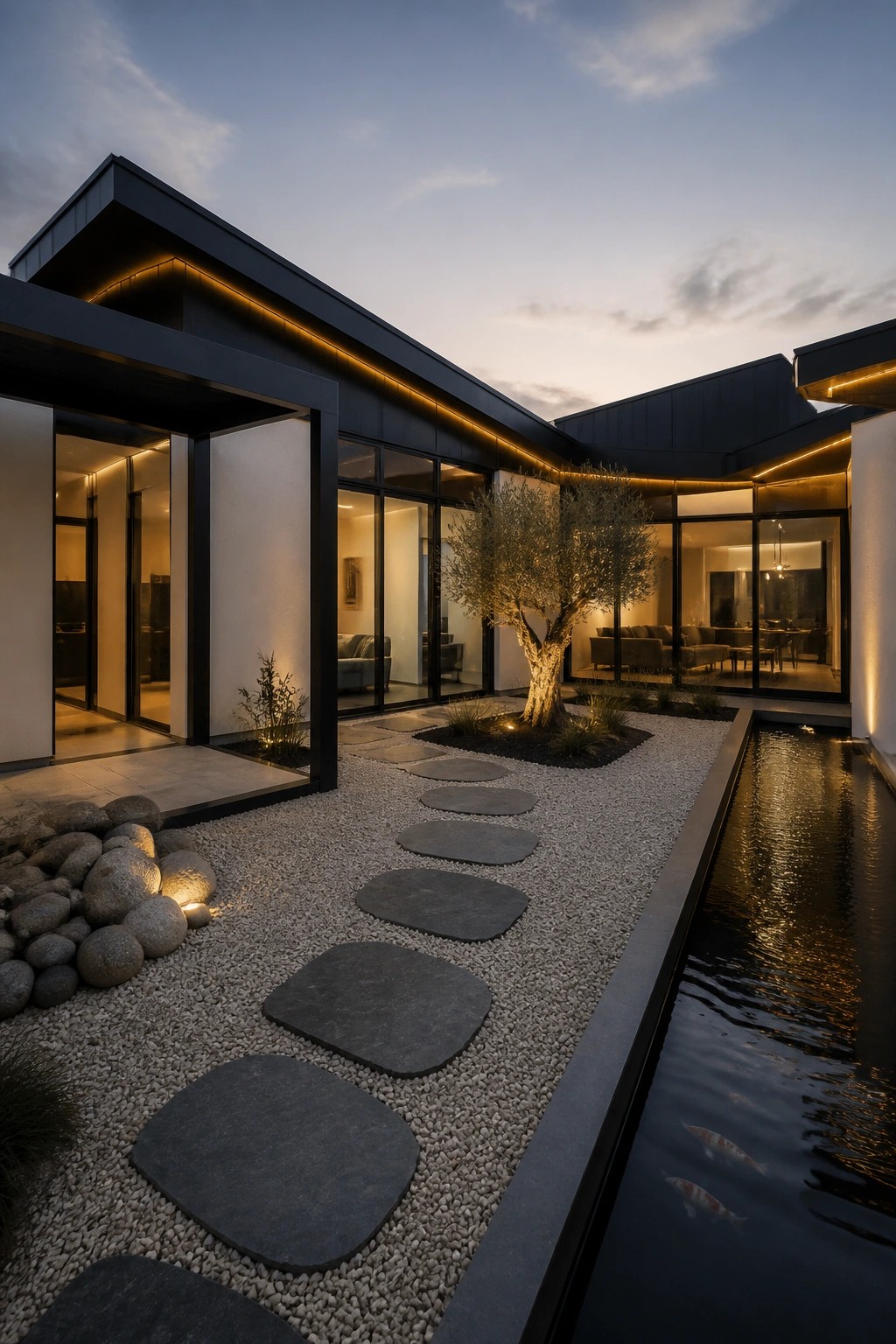 Modern single-story house with dark roof and large glass windows viewed across a gravel courtyard with irregular stepping stones, a planted tree, and a linear water feature containing fish.