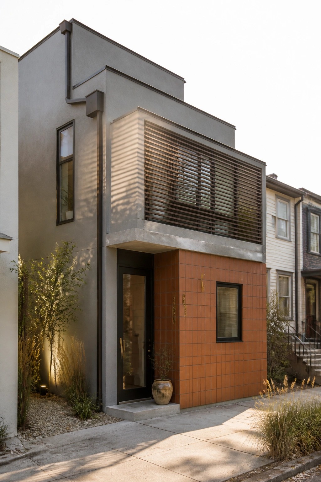 Modern house with gray concrete facade, orange tile base, black door, and slatted balcony.