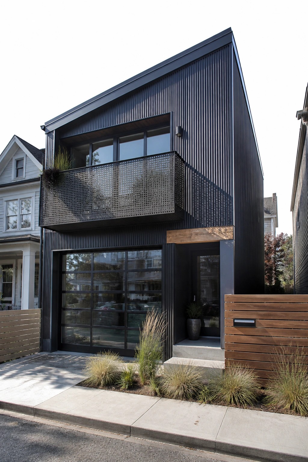 A modern two-story house with dark vertical corrugated metal siding, a steep sloped roof, a second-floor balcony with perforated metal railing, and a large glass garage door on the front facade.