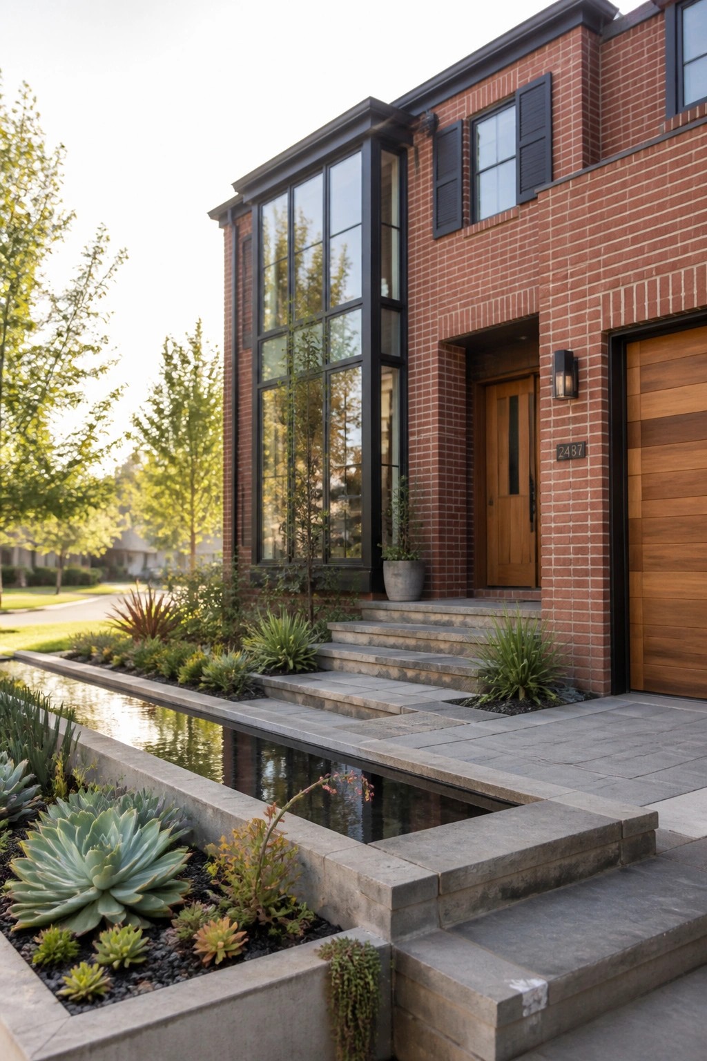 A red brick house exterior with black-framed windows, a wooden door, concrete steps, and a long rectangular water feature lined with succulents and low plantings.