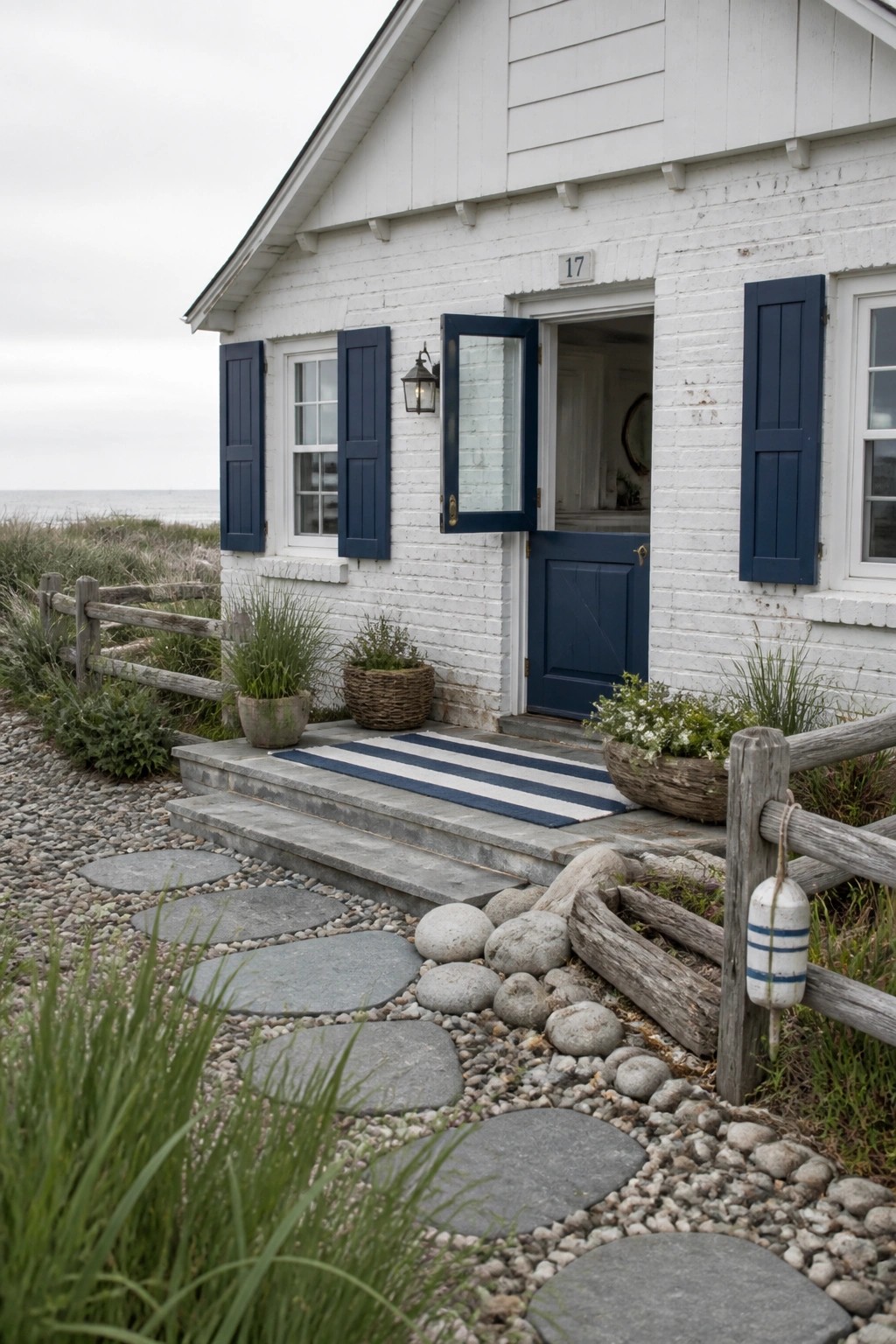 White cottage with navy shutters, open door, striped mat, stone path by sea.