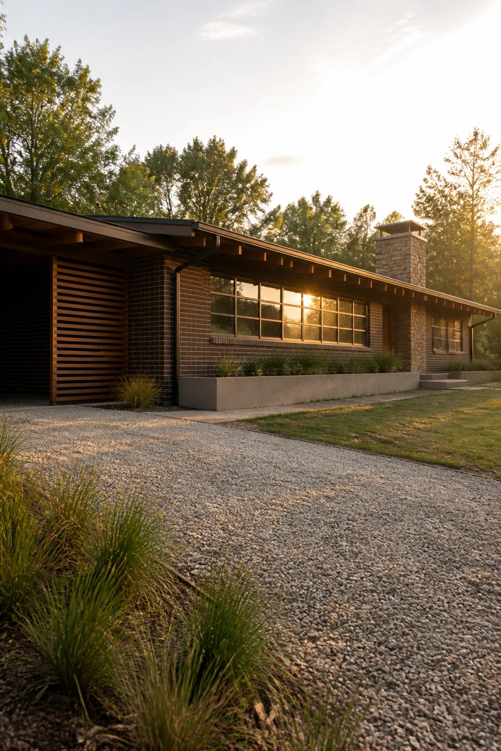 A single-story dark brick house with a wood-slatted garage door, large horizontal windows, a stone chimney, and a gravel driveway at sunset.