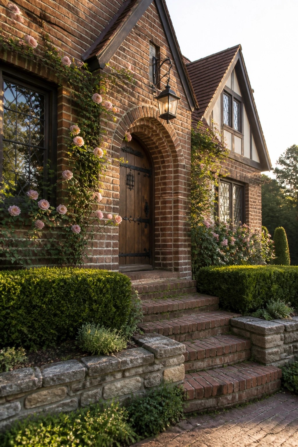 A close view of a brick house exterior showing an arched wooden door, climbing pink roses on the brick walls, and brick steps with stone edging.
